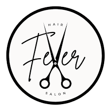 Circular black and white hair salon logo with scissors and Fever text.