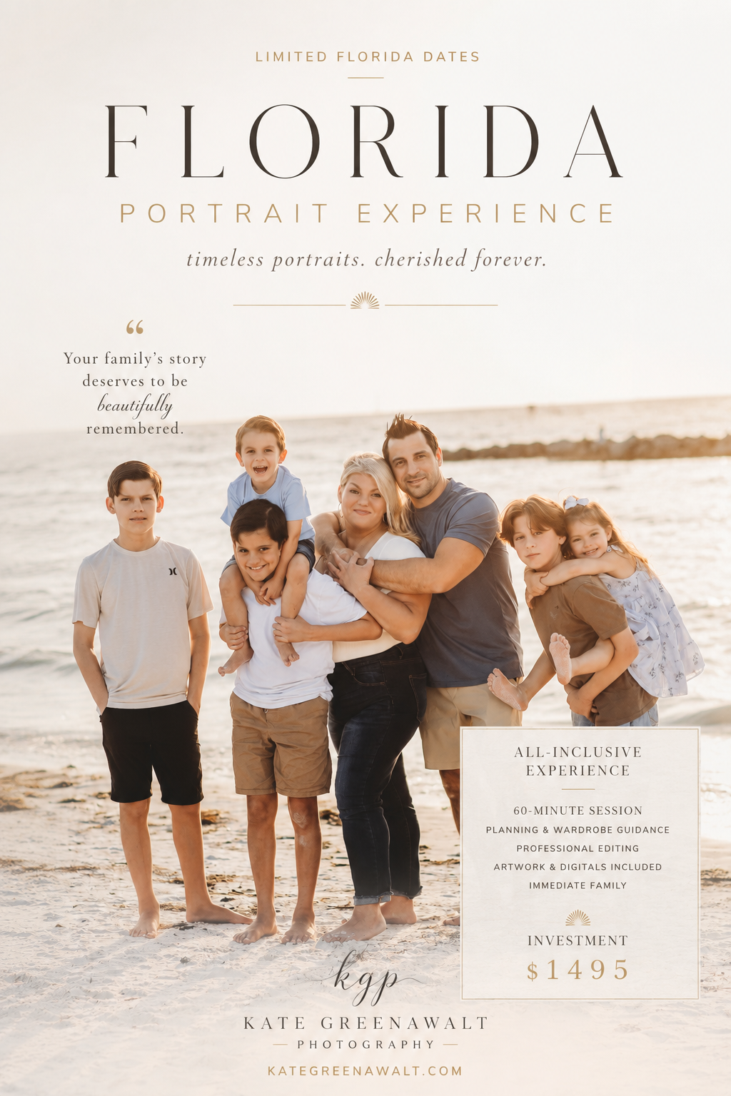 Family posing on Florida beach for Kate Greenawalt Photography portrait session, smiling together near ocean waves.