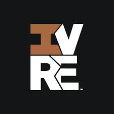 Minimalist IVRE stacked logo design in brown and white on black background.