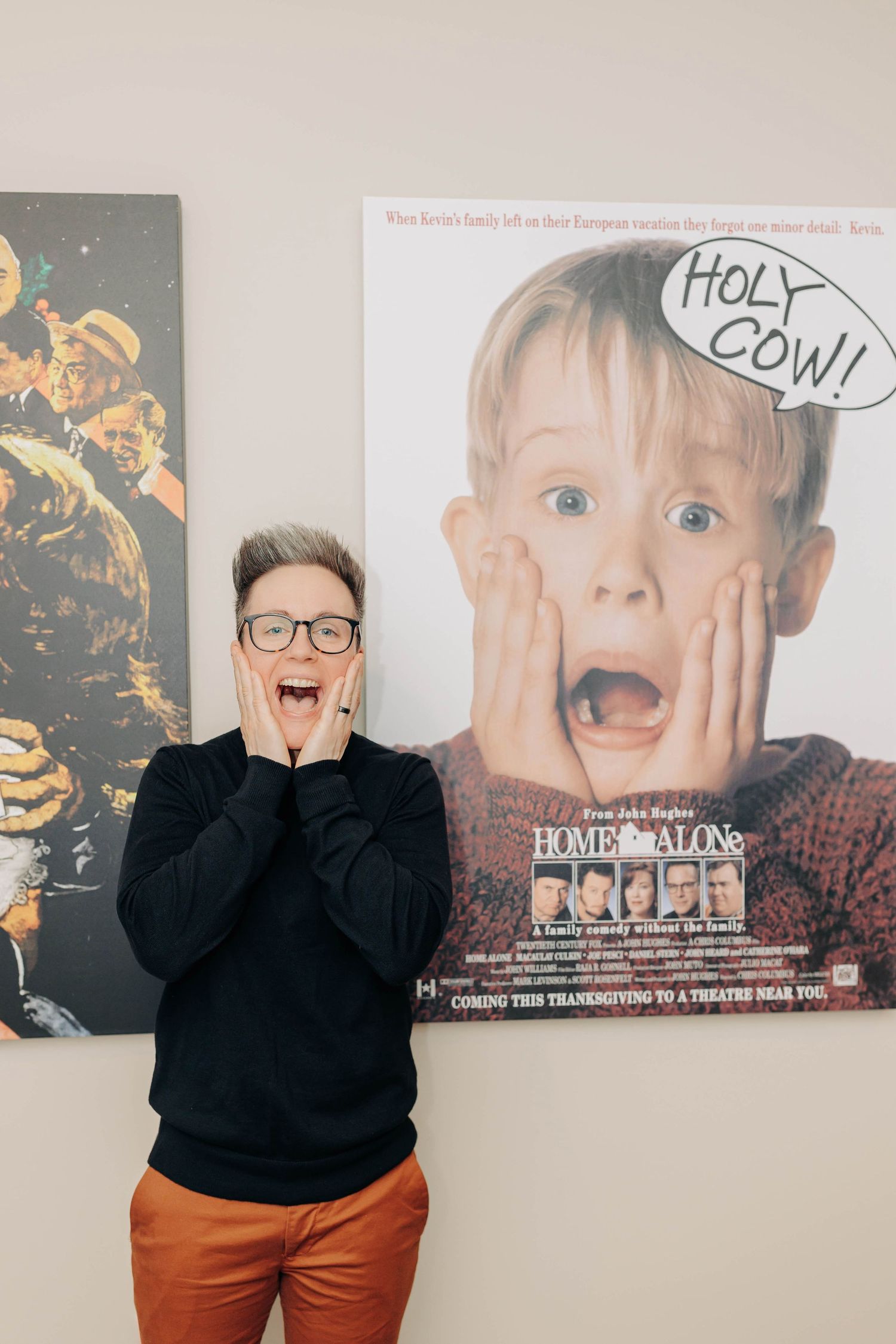 A series of photos showing someone recreating iconic scenes from the movie Home Alone against movie posters on a wall.