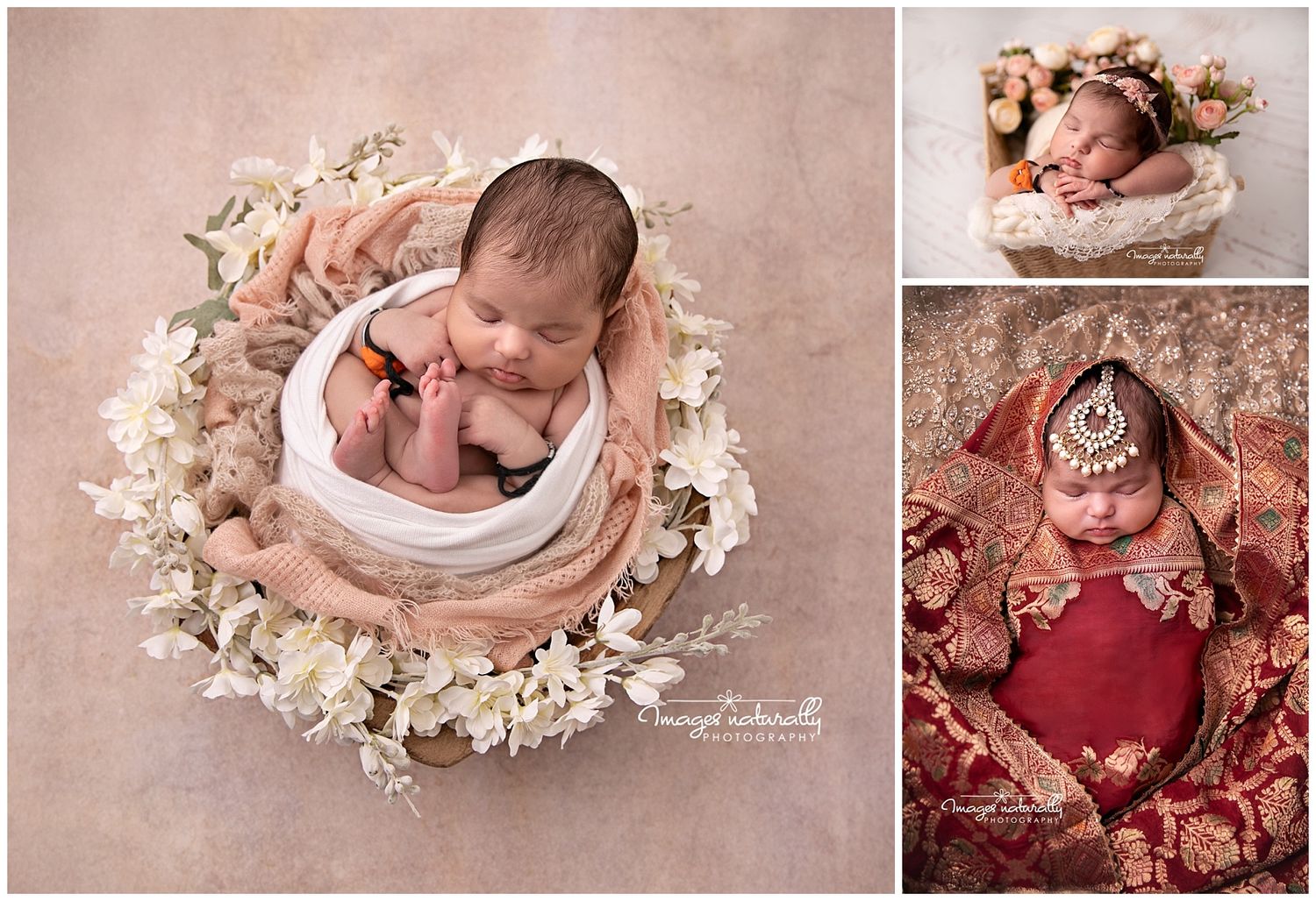 Newborn baby sleeping in floral wreath bowl, with two smaller photos of infant in basket and red Indian outfit with jewelry.