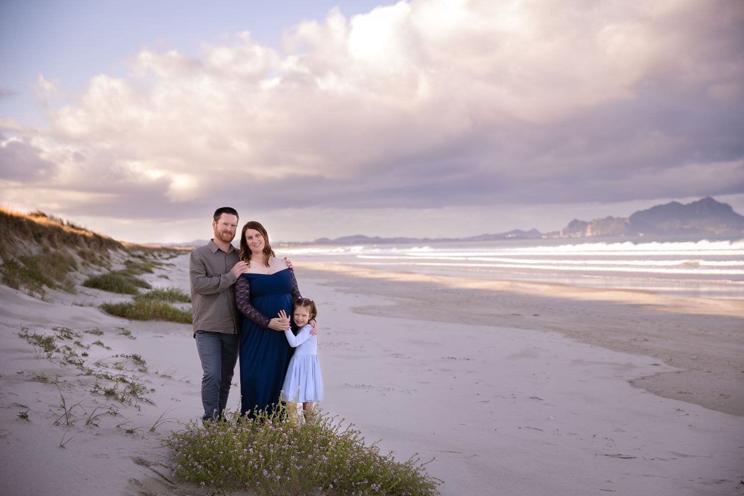 A collection of scenic beach photos showing coastal landscapes with waves, sand dunes, and cloudy skies at sunset.
