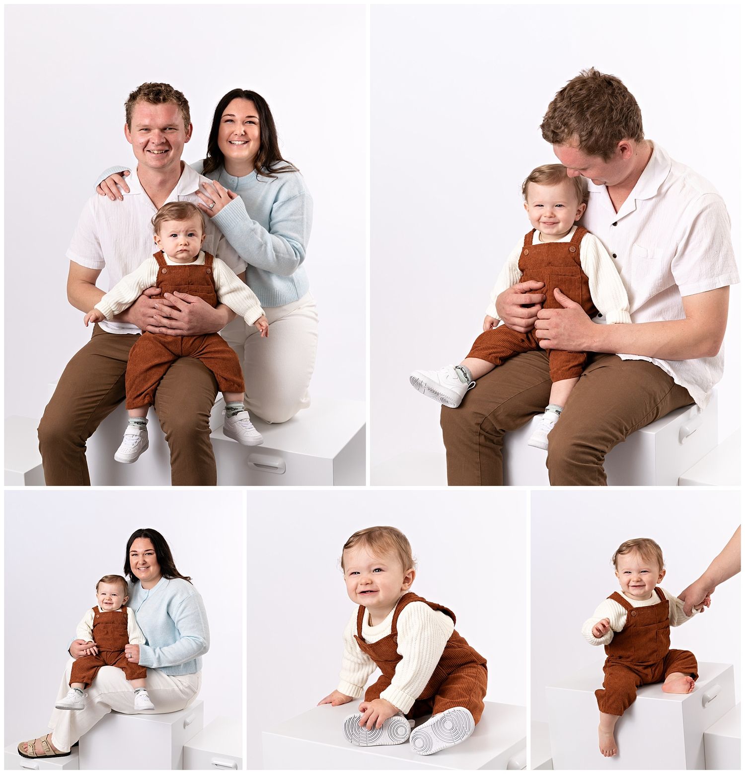 Collage of family photos with parents and baby in brown overalls on white background in a professional studio setting.
