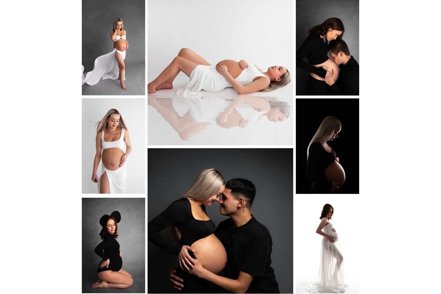 Mixed lighting portrait collection showing maternity, family and studio photography styles.