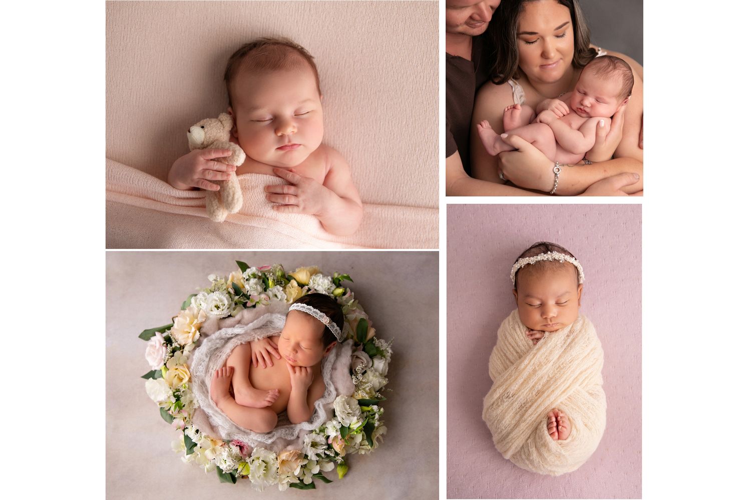A collection of newborn portraits showing sleeping baby in various poses with floral wreath, soft wraps and in parents arms.