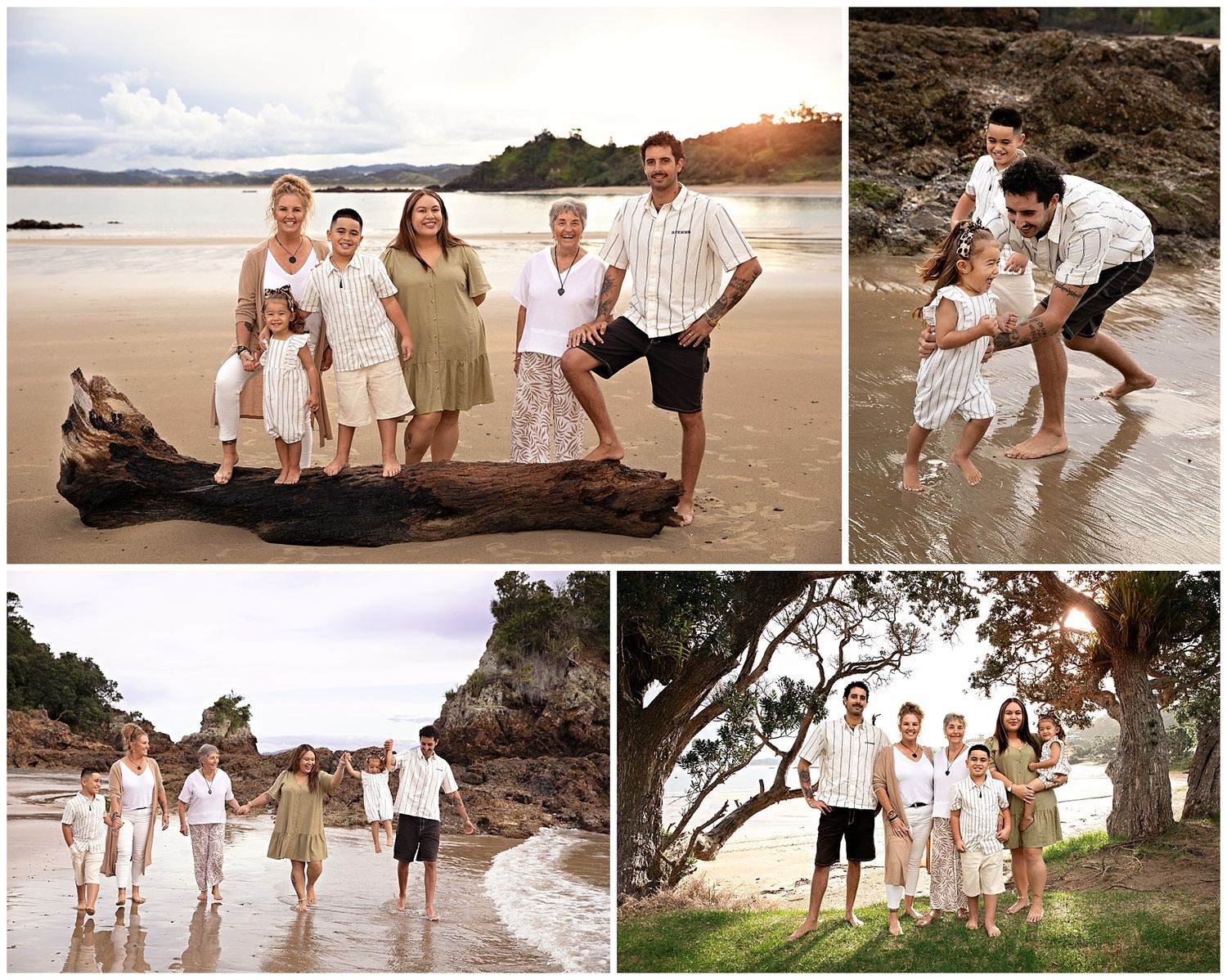 Family beach photo collage featuring candid and posed shots on sandy shores with driftwood, waves, and lush trees.