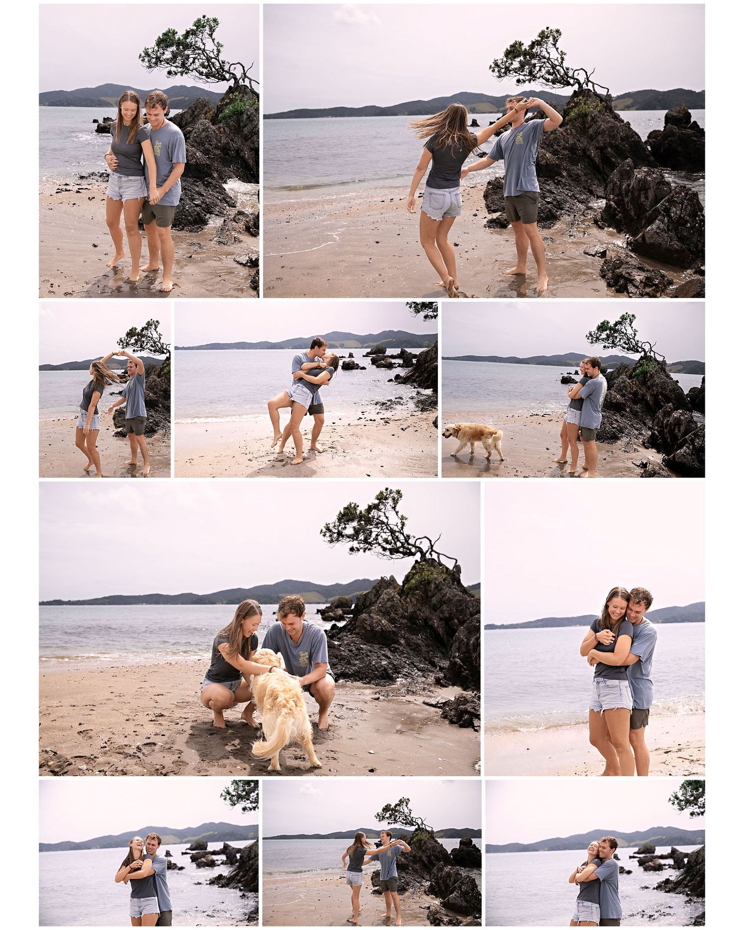 A couple shares a romantic moment on a scenic beach with their dog during a sunset proposal.