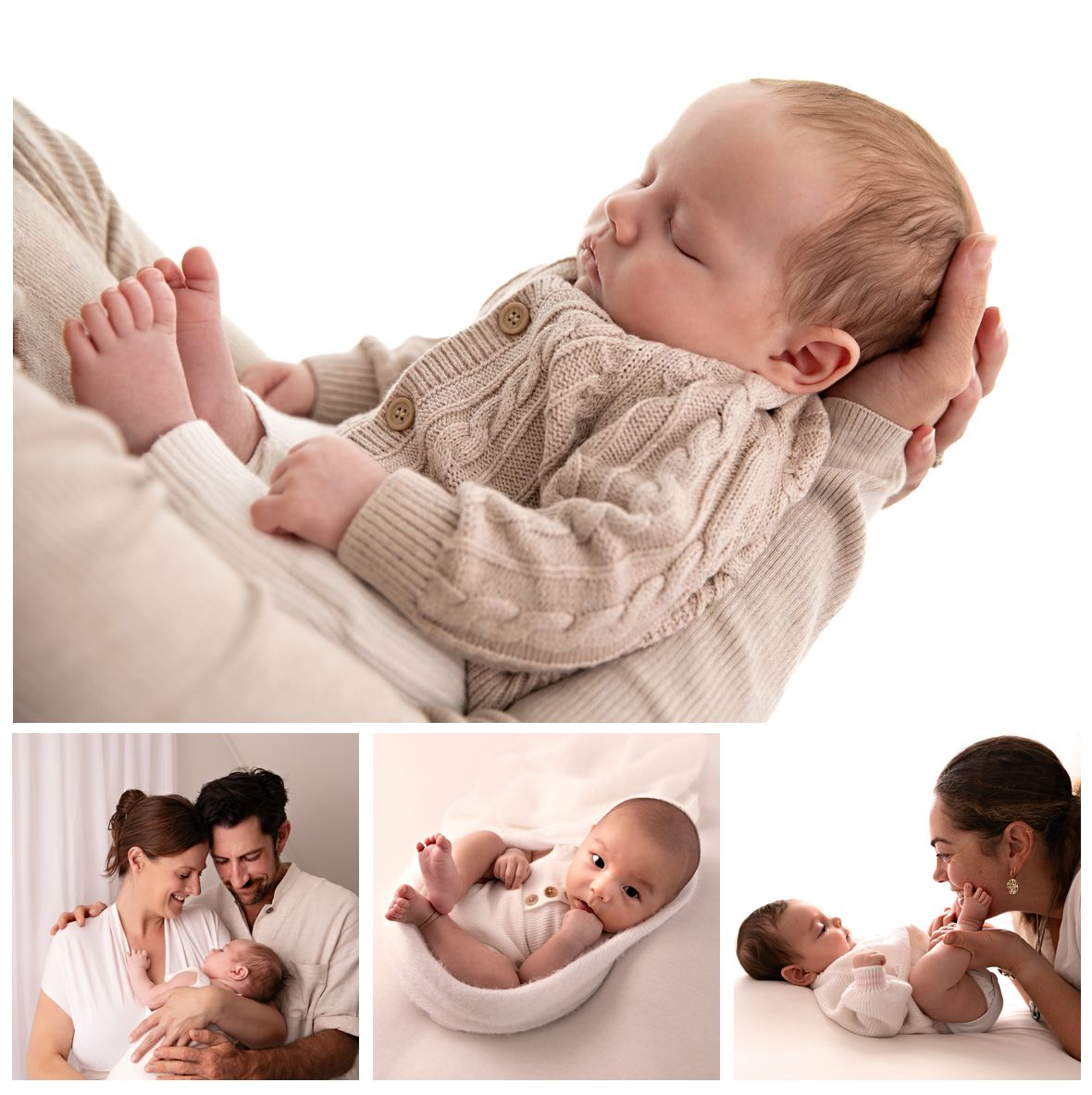 Newborn baby sleeping peacefully in parent's arms wearing a knit sweater, with family portrait collage.