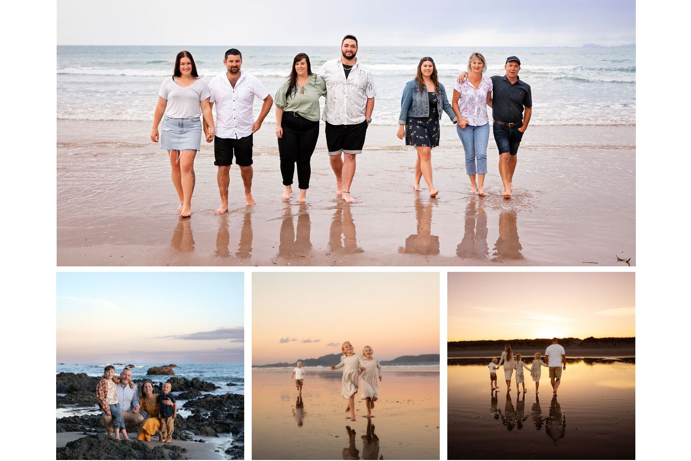 Beach family photo session collage featuring group shots and sunset silhouettes.