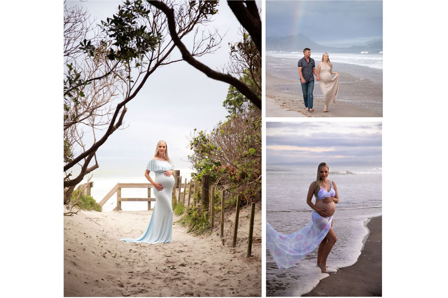 Beach maternity session photos with natural framing from trees and ocean backdrop.