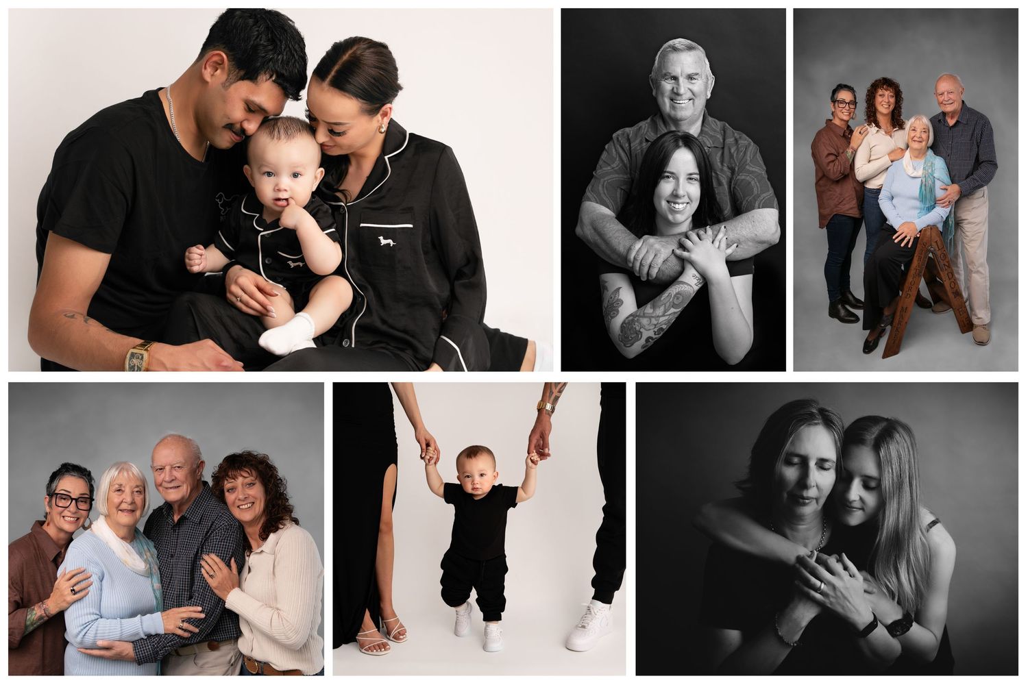 Studio portrait collection featuring black and white family poses and candid moments.