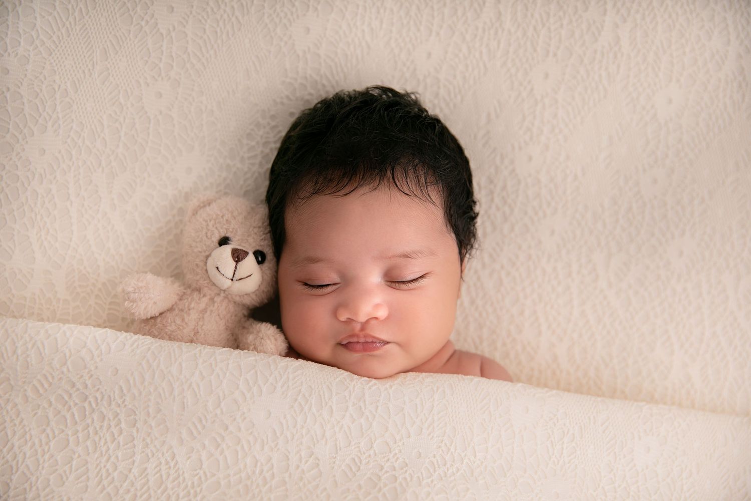 Series of minimalist newborn portraits on cream colored background.