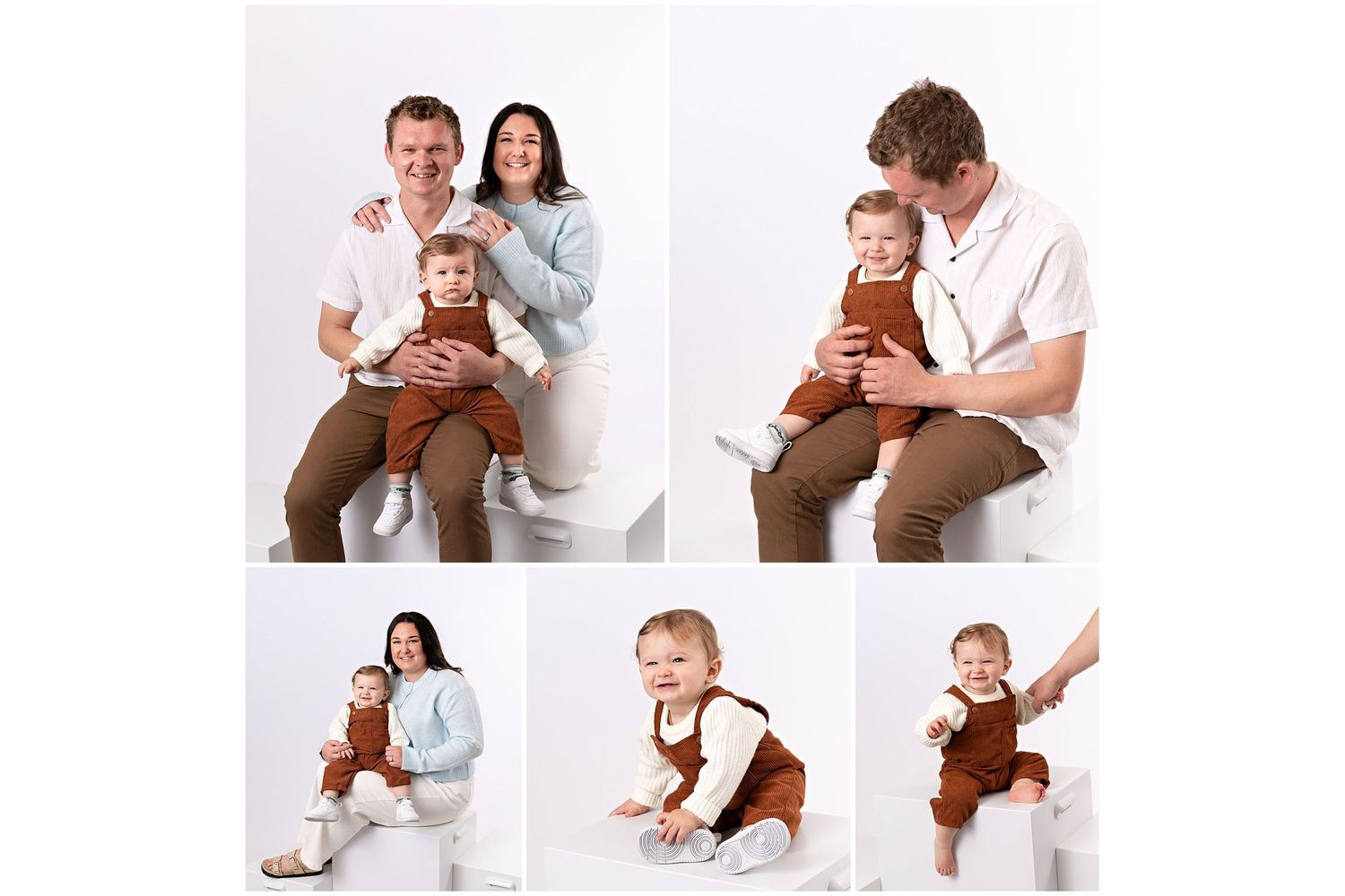 Family portrait collage with parents and baby in brown overalls on white background, studio photography session.