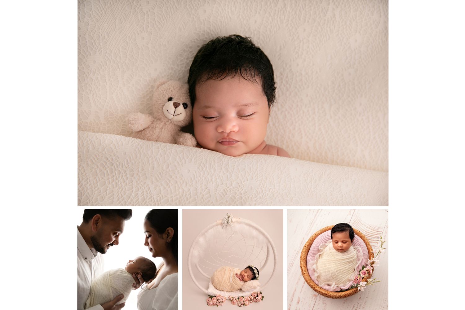 Sleeping newborn baby wrapped in soft pink blanket with stuffed animals and props arranged in studio setting.