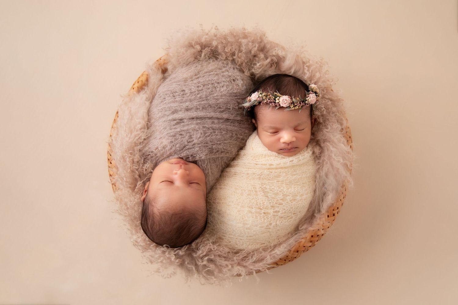 A series of seven newborn baby photography poses in cream and beige tones showing curled sleeping positions.
