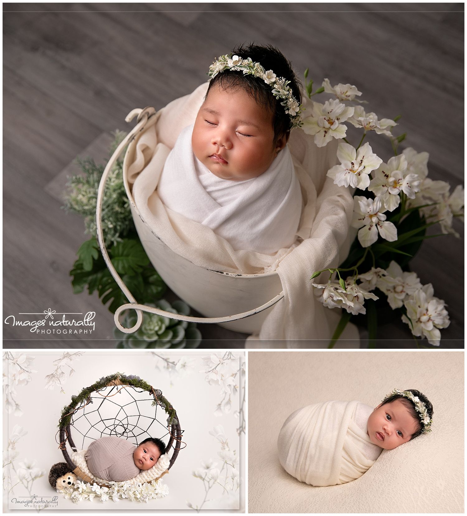Newborn baby wrapped in cream swaddle with floral headband, posed in white bucket with white flowers by Imago Adorably Photography.