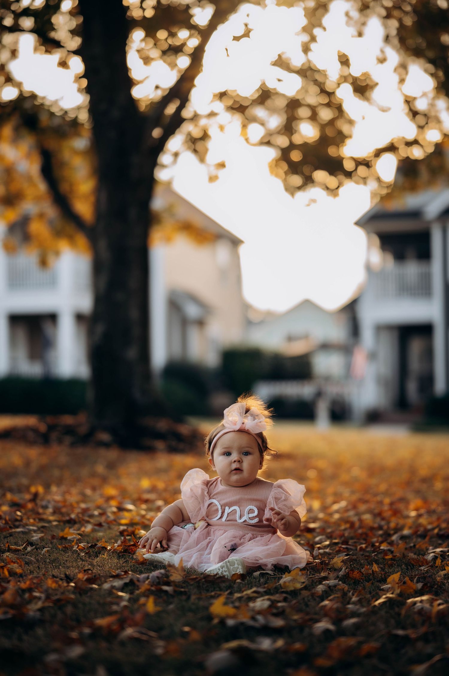 A baby in a pink dress sits among fallen autumn leaves.