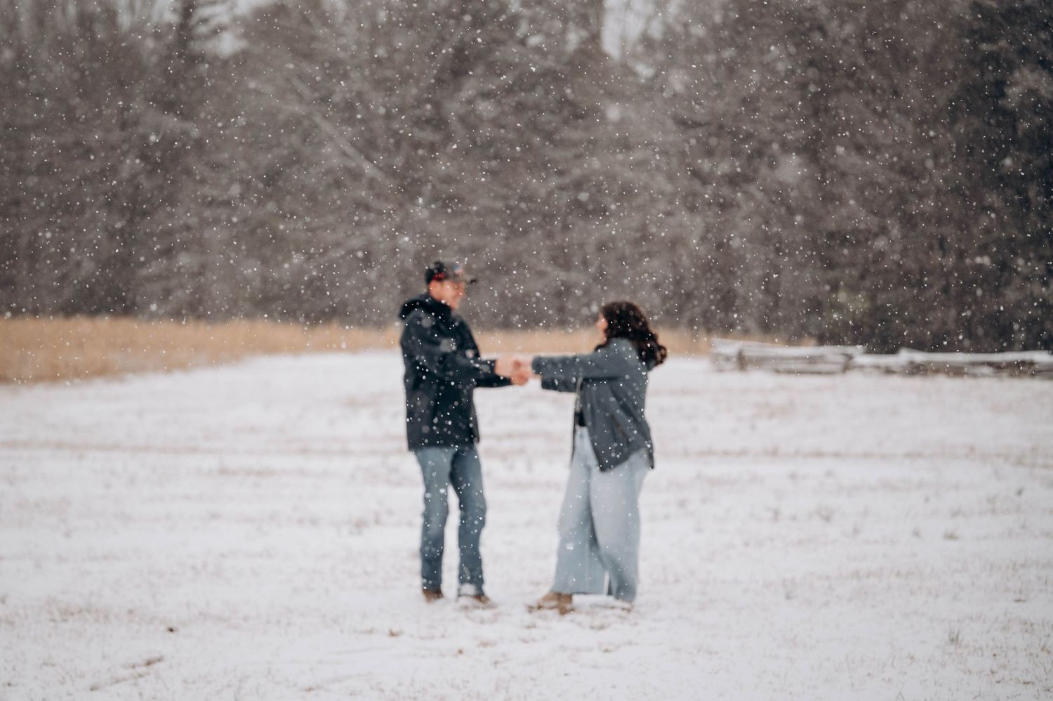 People walking and playing together in a snowy winter landscape during a snowfall.