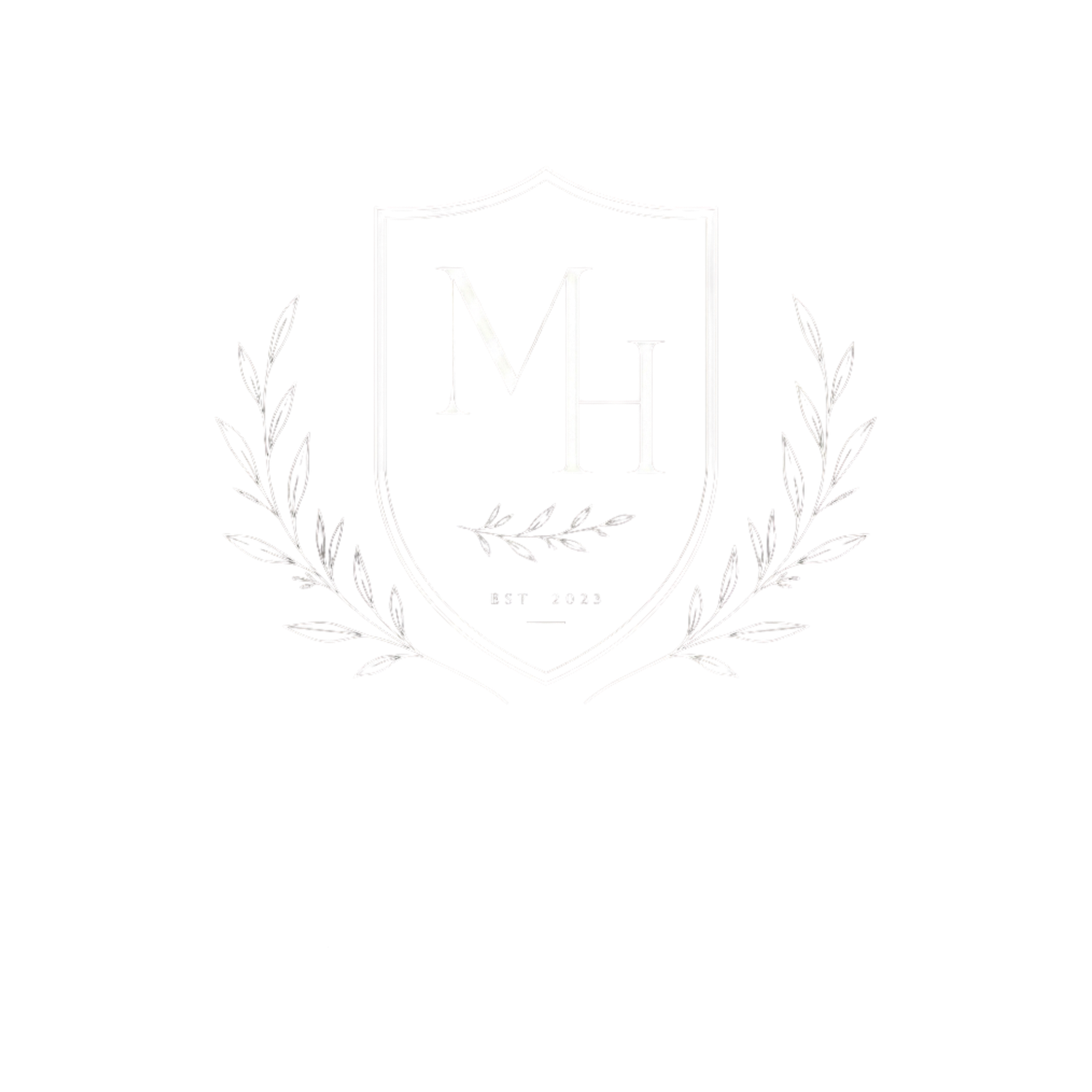 Elegant monogram crest logo with laurel branches and MH initials on a white background.