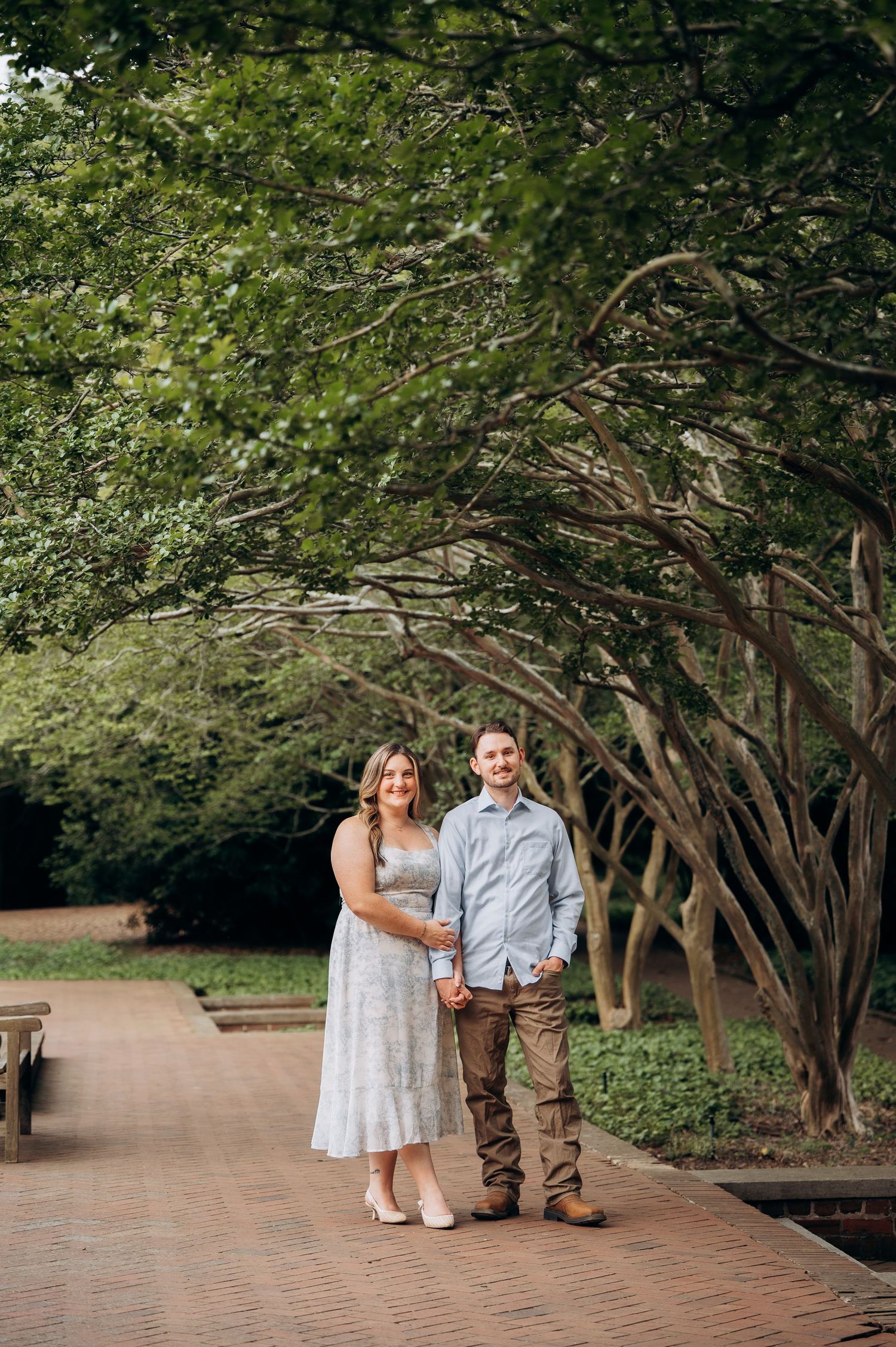 Happy couple holding hands on a brick walkway beneath a canopy of arching green trees.
