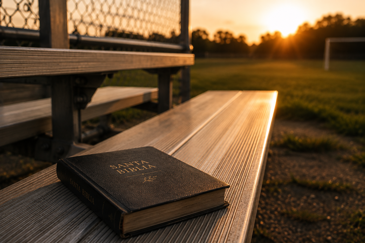 A Santa Biblia rests on wooden bleachers at a soccer field during a golden sunset.