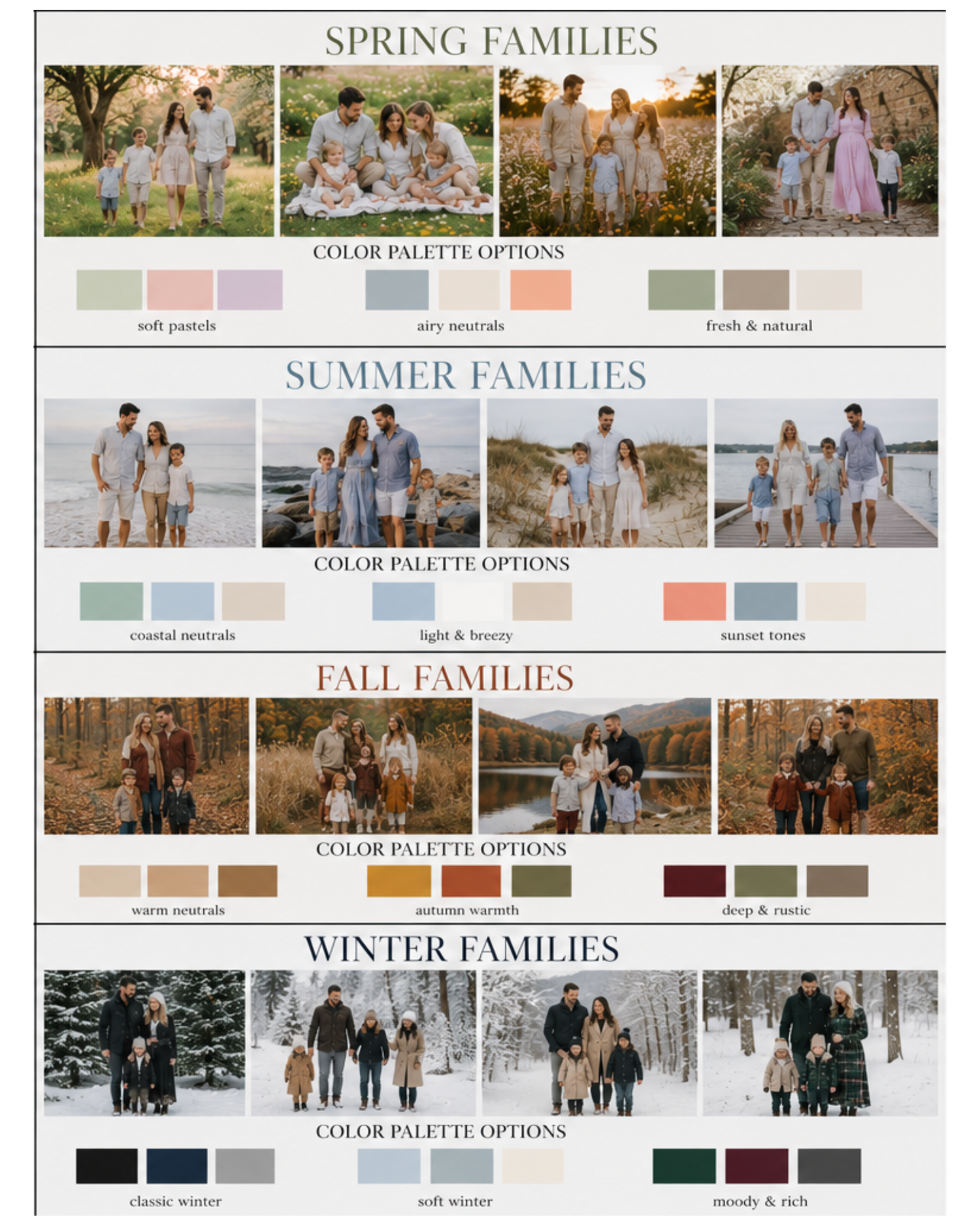 Seasonal family photo outfit guide showing spring, summer, fall, and winter color palette options for coordinated family portraits.