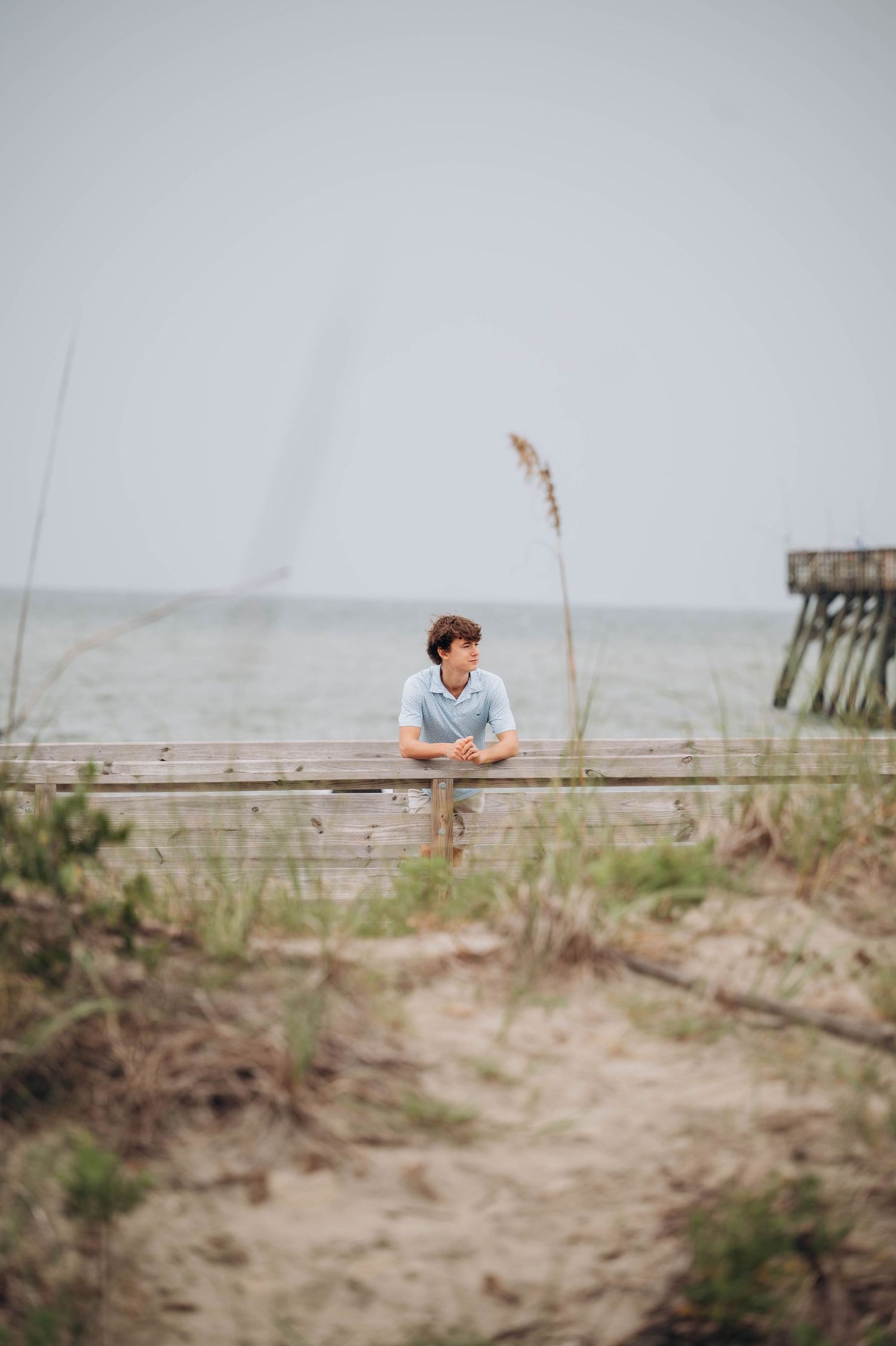 Person leans on wooden railing overlooking foggy beach landscape.