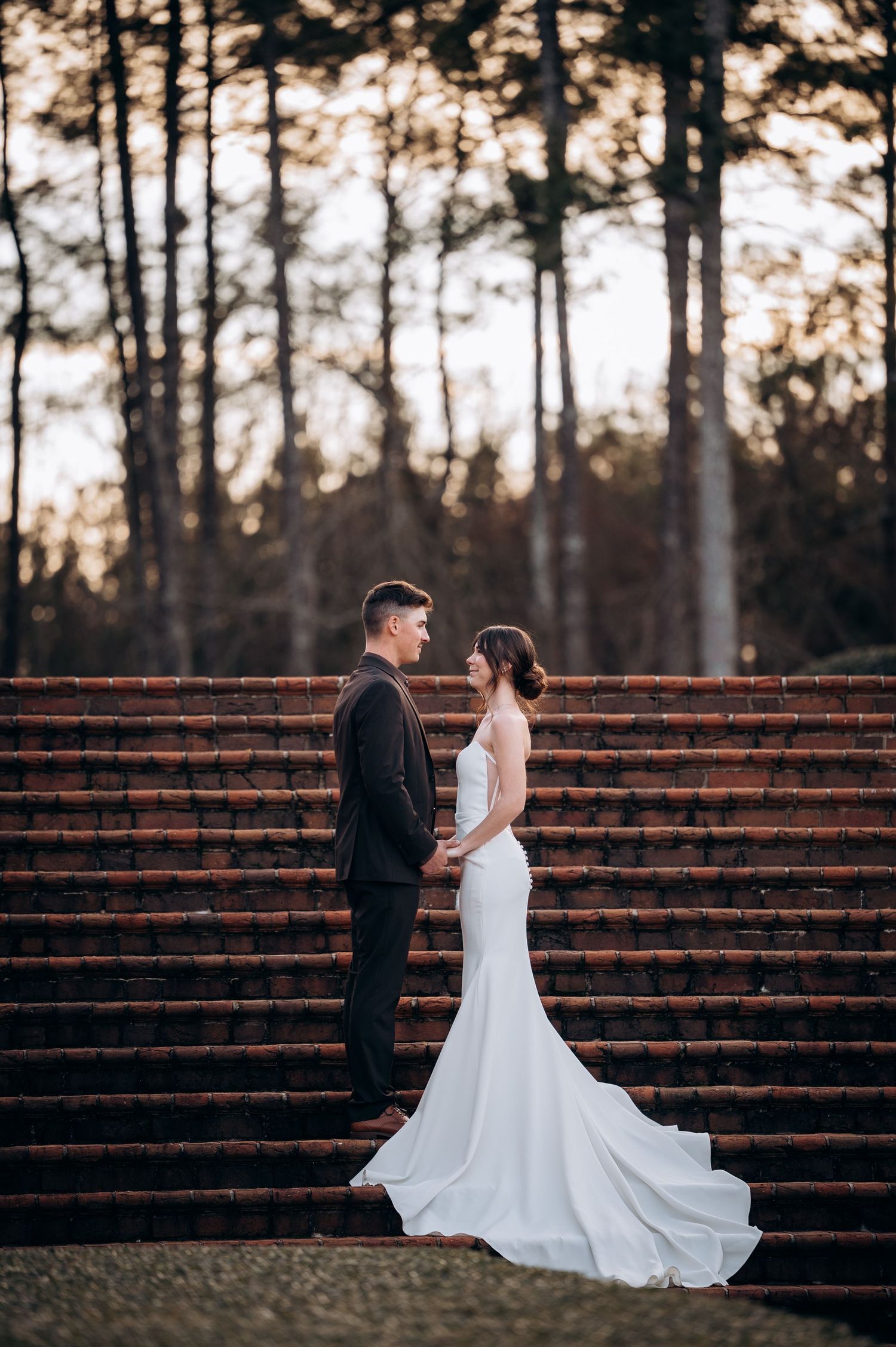 Wedding couple posing on rustic wooden amphitheater steps surrounded by tall pine trees at dusk.