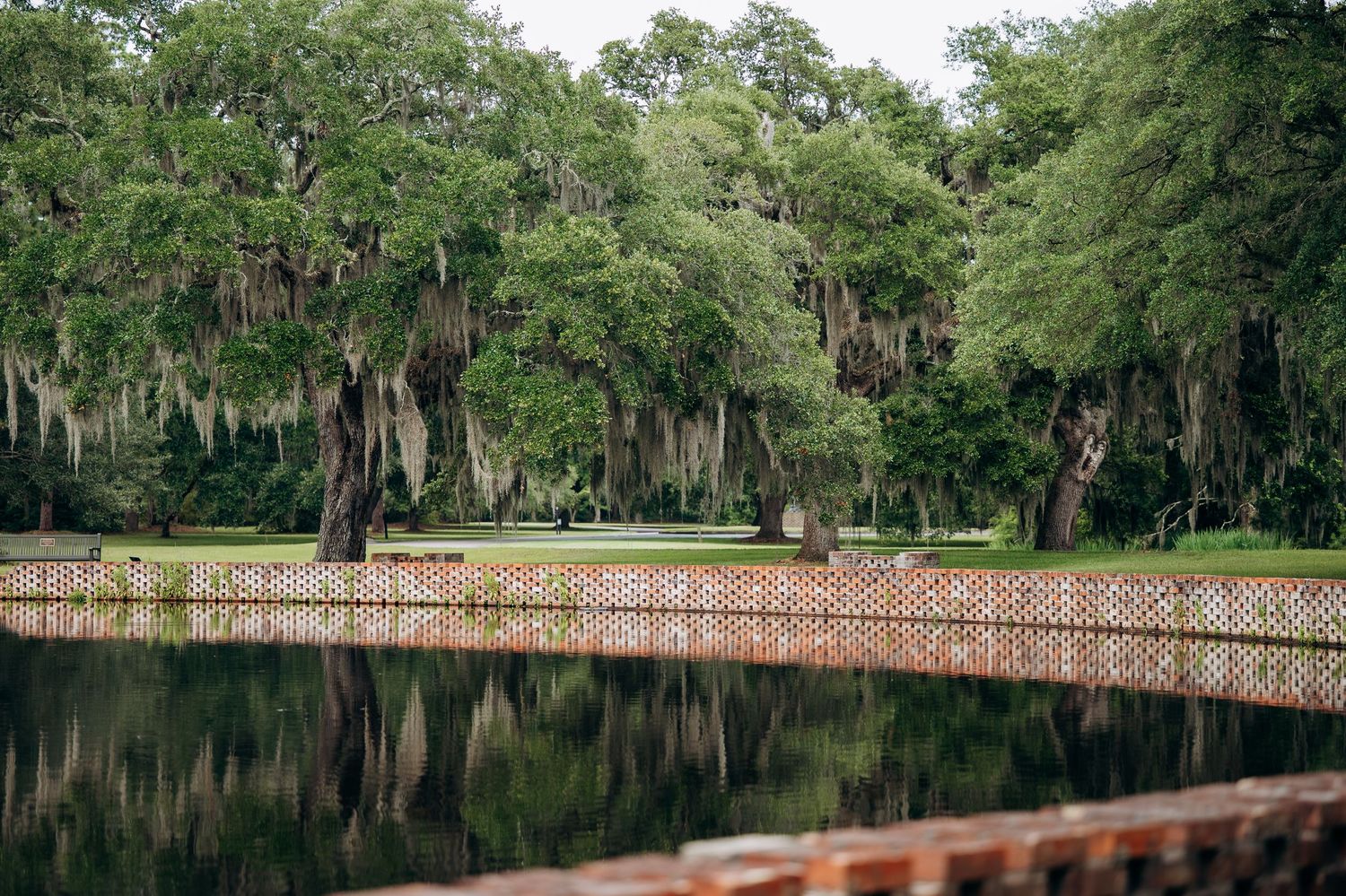 Serene pond reflecting moss-draped oak trees beside a brick and lattice fence in a lush Southern park.