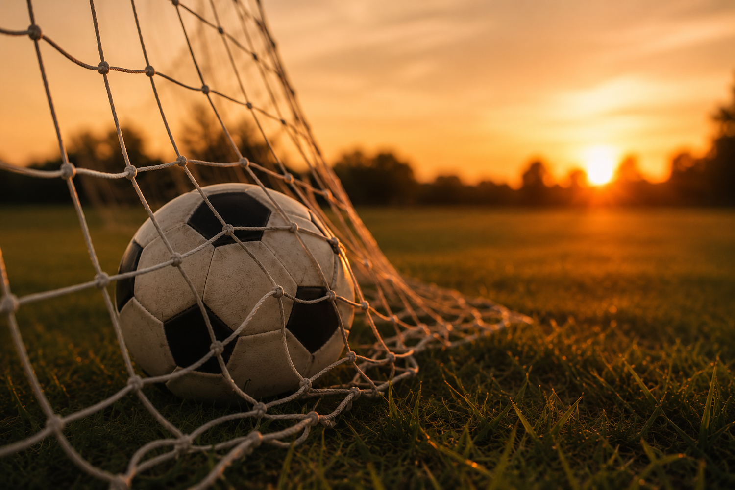 A soccer ball rests in a goal net on a green grass field during a stunning golden sunset.