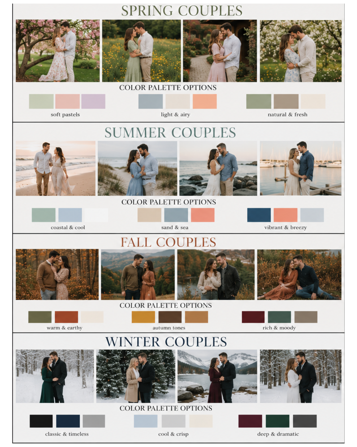 Seasonal couples photography guide showing spring, summer, fall, and winter photo styles with coordinating color palettes for each season.