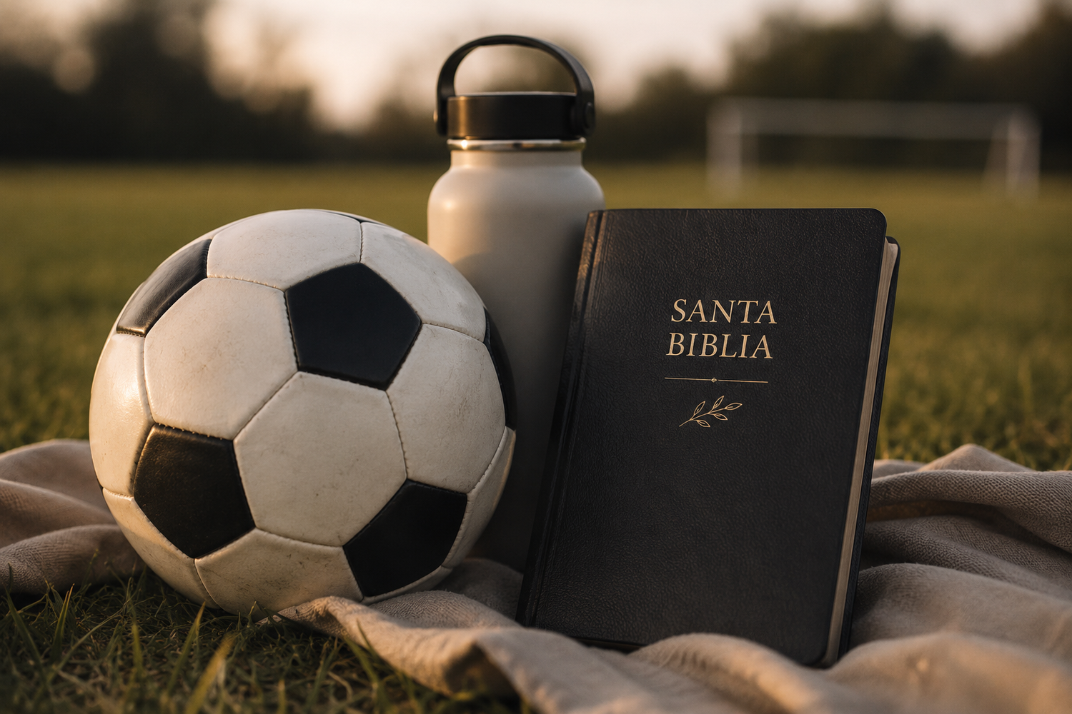 Soccer ball, water bottle, and Santa Biblia on grass field at sunset.
