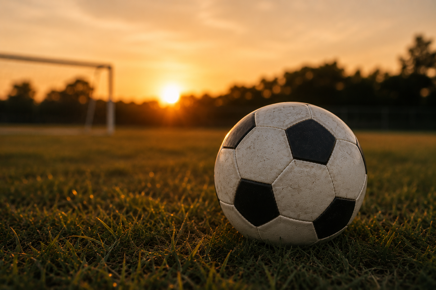 A classic black and white soccer ball rests on green grass at sunset with a goal post in the background.