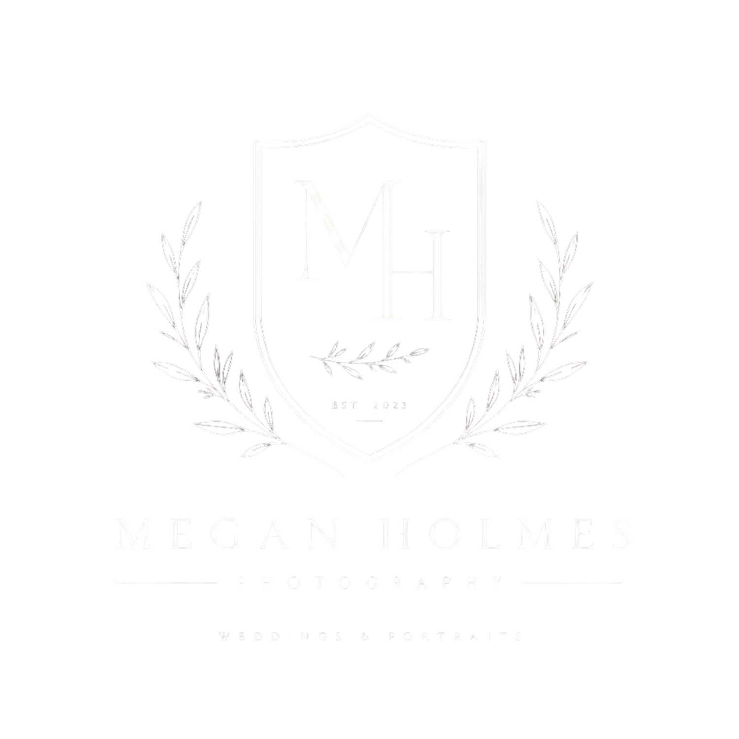 Megan Holmes Photography elegant white logo with monogram crest and laurel wreath design.