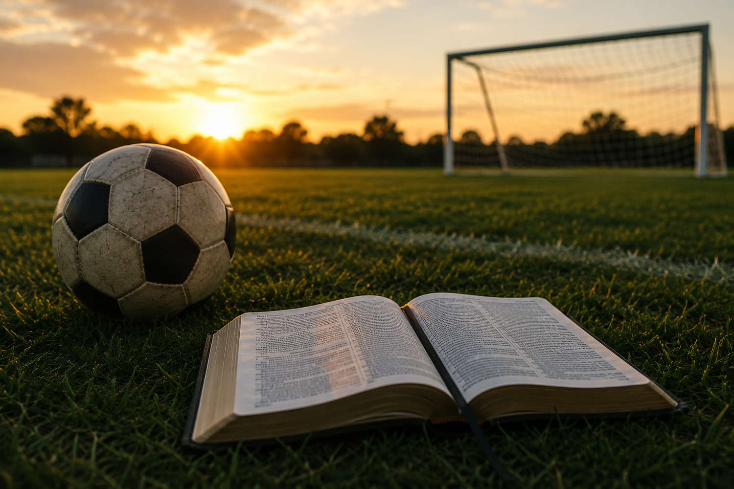 Soccer ball and open Bible on green field at sunset with goal post in background.