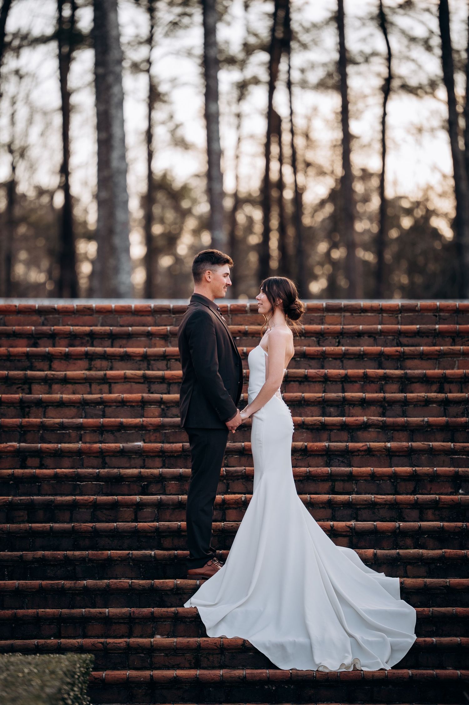 Dramatic wedding portrait on brick steps with bride's flowing white dress cascading down the stairs.