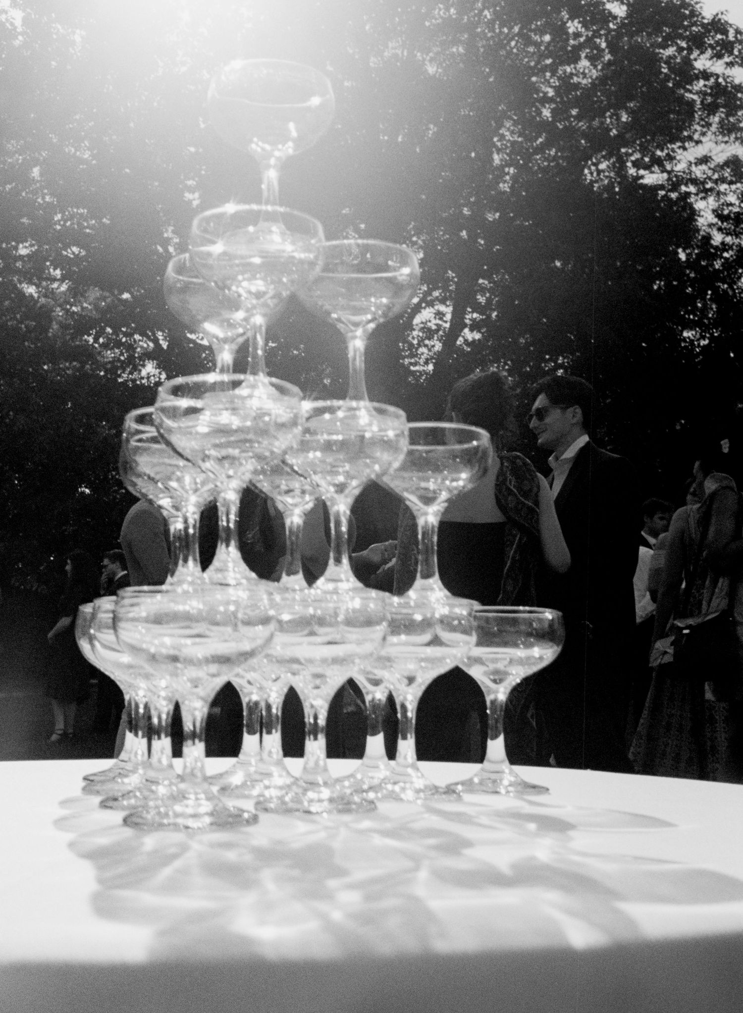 Close up photo of champagne glasses.
