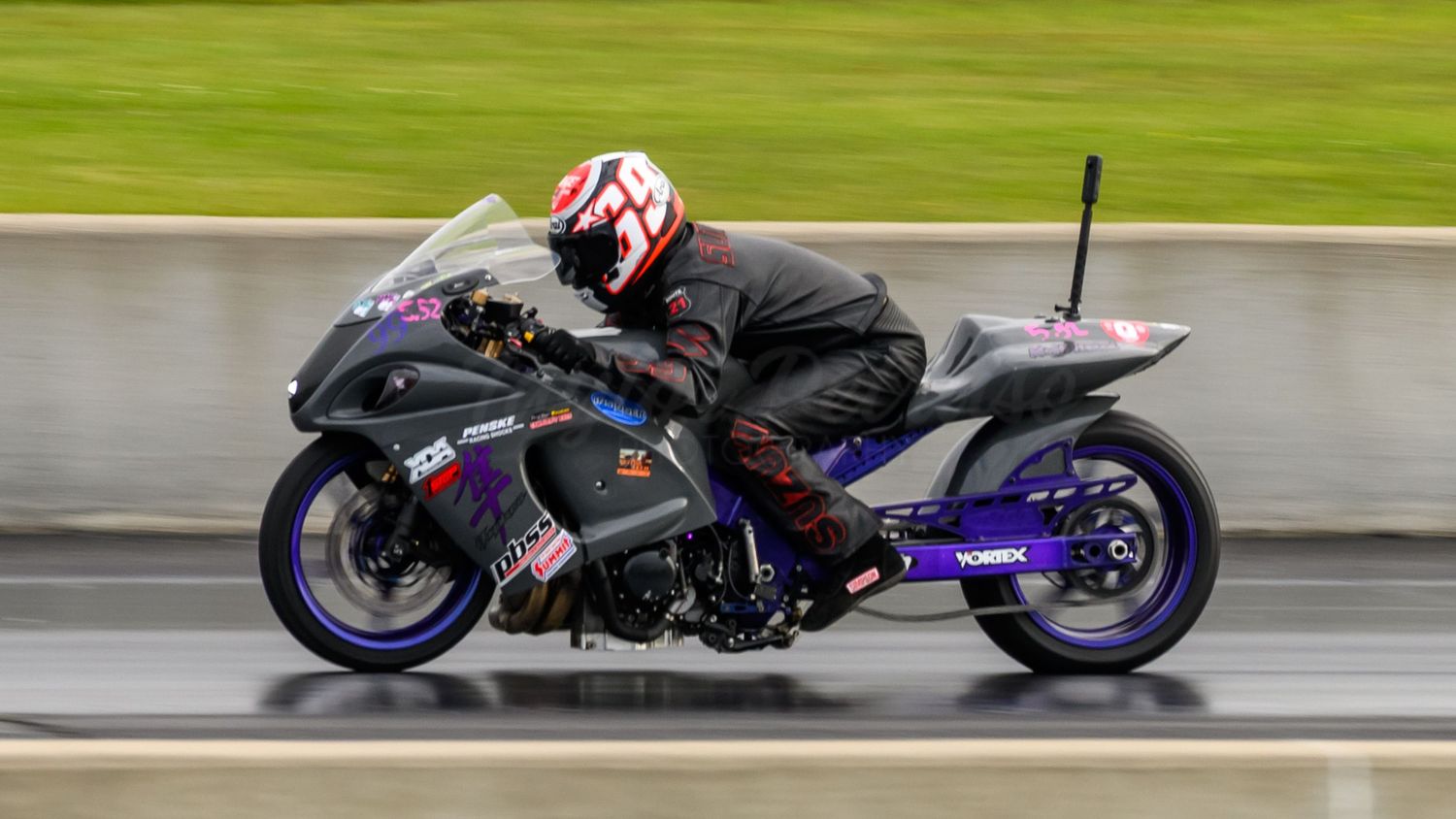 A sequence of motorcycle racing action shots showing bikes leaning into turns and accelerating on a racetrack.
