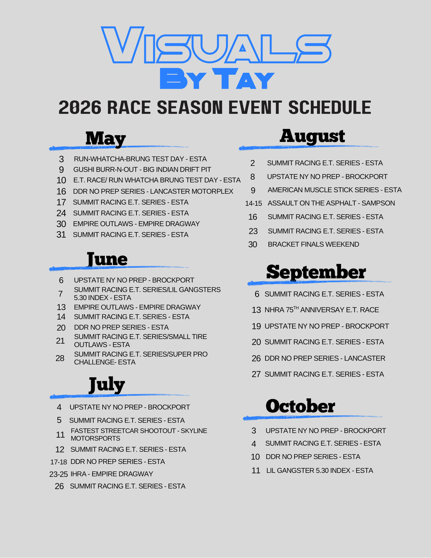 A 2026 race season event schedule showing monthly listings from May to October with various racing series dates.