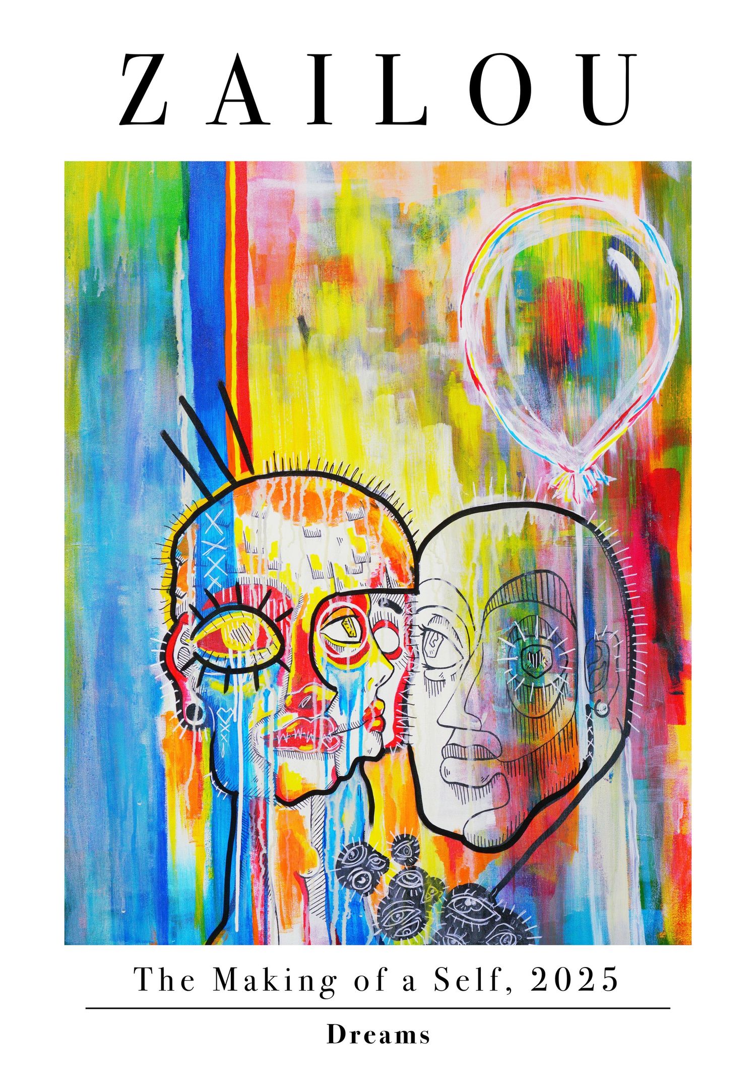 Colorful abstract expressionist painting by Zailou titled Dreams from The Making of a Self 2025 series.