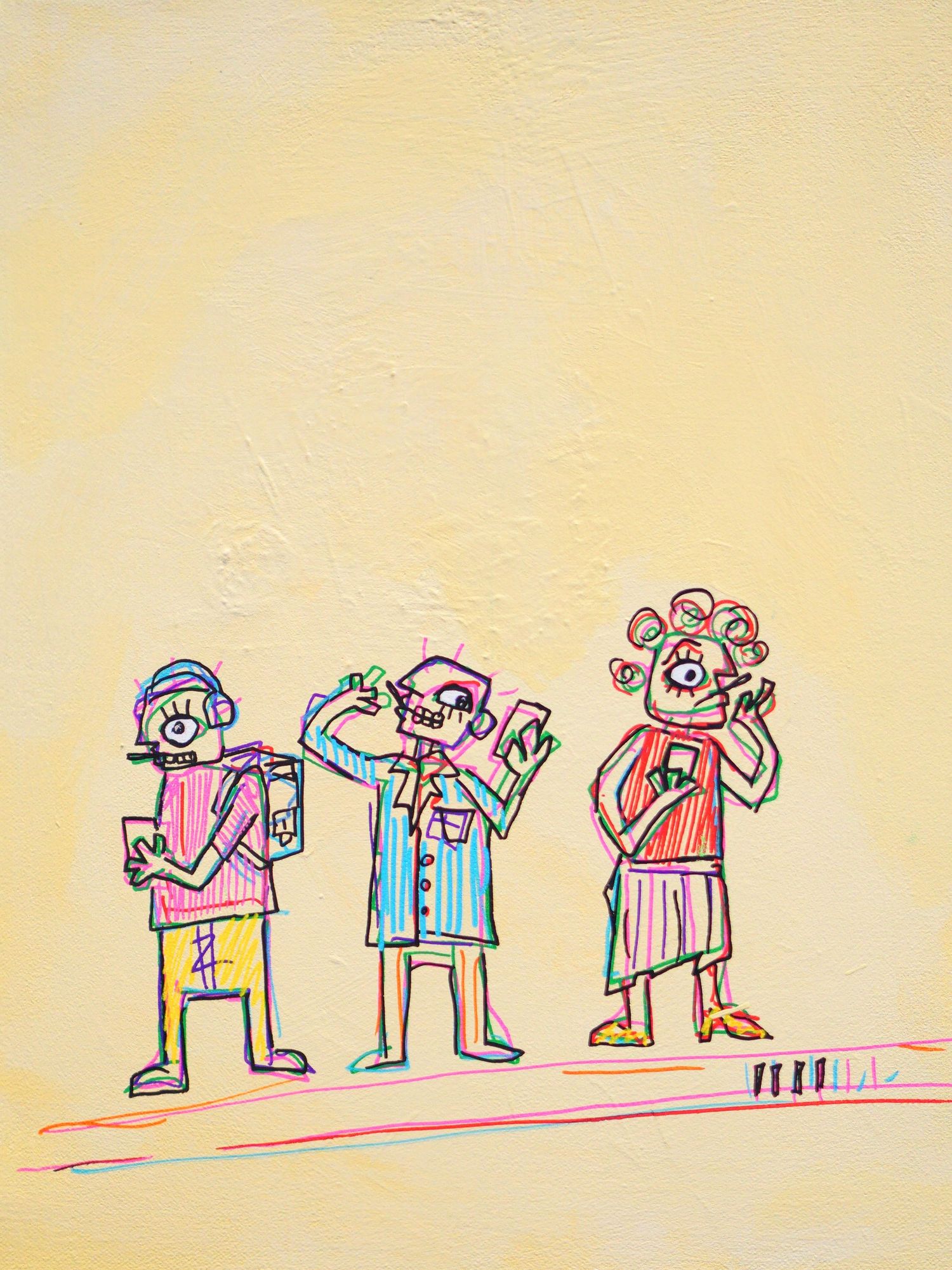 Colorful outsider art painting of three quirky cartoon figures standing in a row on a yellow background.