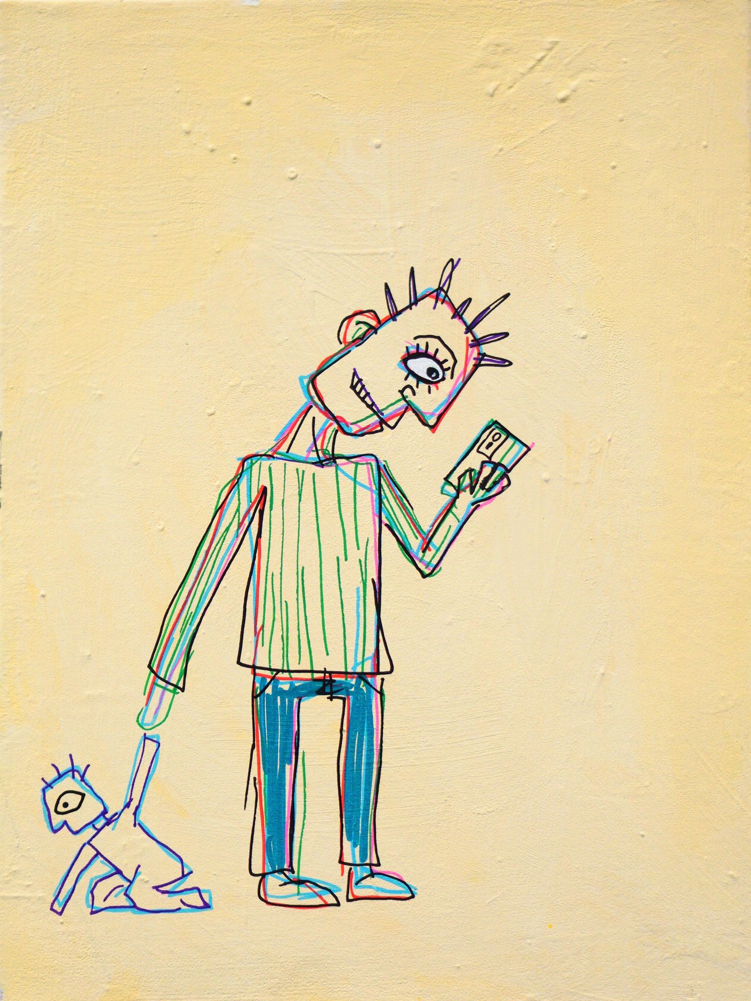 Colorful figurative art painting of a figure holding a Smartphone standing over a Baby on yellow background.