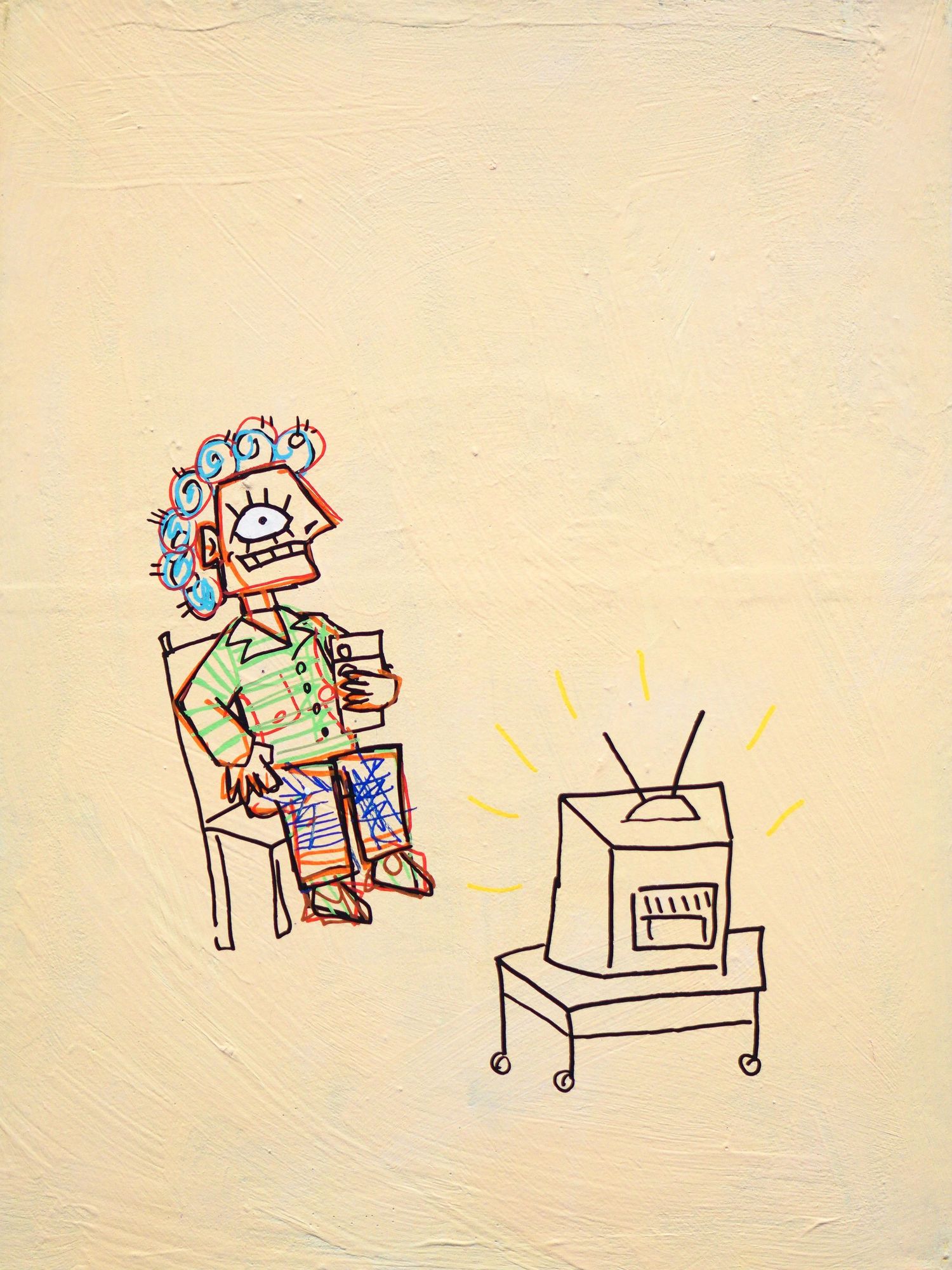 Colorful Figurative painting of a quirky figure sitting in a chair watching an old TV set on a yellow background.