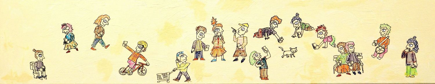 Figurative painting of colorful children and adults in various playful poses arranged in a horizontal frieze pattern.
