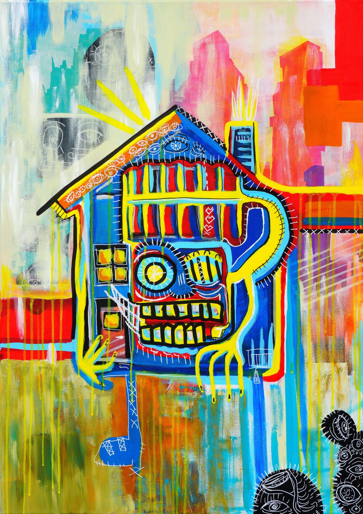 Colorful neo-expressionist painting of an anthropomorphic house with teeth, claws, and decorative patterns on urban backdrop.
