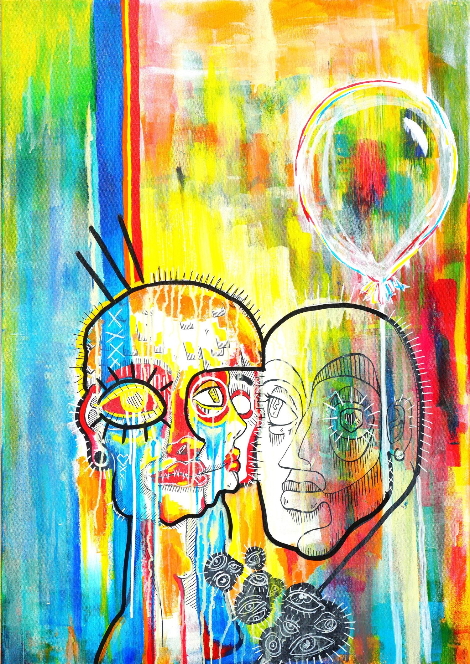 Expressive painting of two abstract faces with a transparent balloon floating above on bright yellow and blue background.