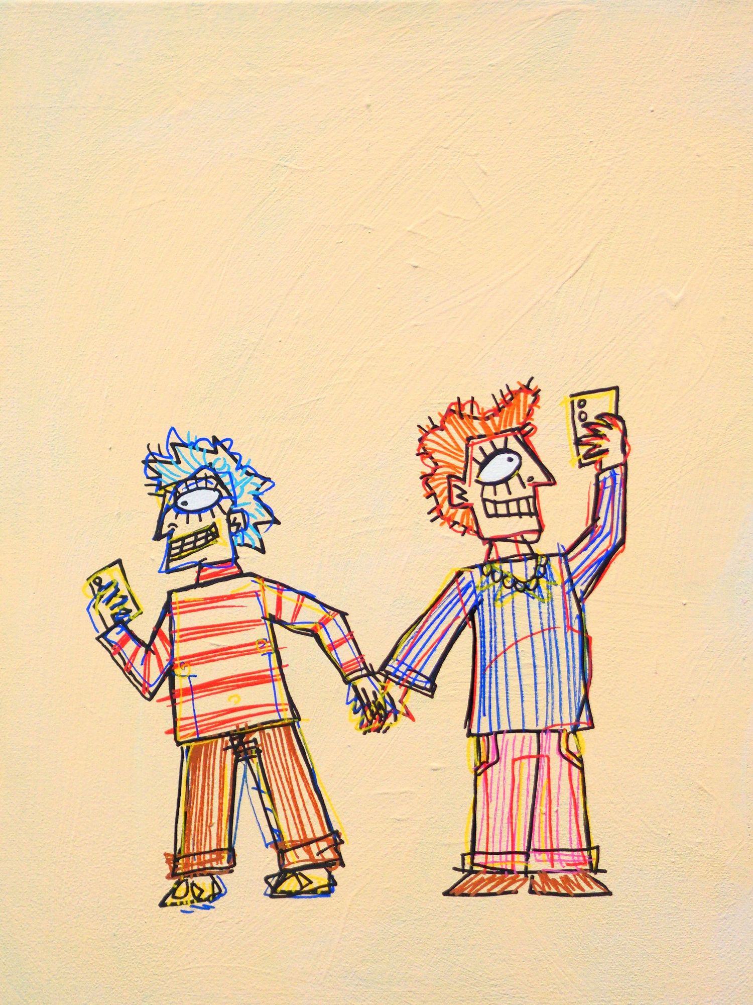 Colorful figurative drawing of two quirky figures holding phones, wearing striped outfits on a yellow background.