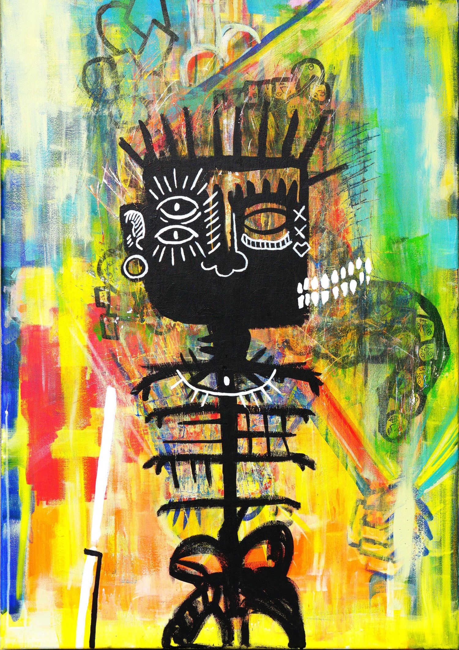 Colorful neo-expressionist painting of a black totem figure with crown and eye symbols on vibrant yellow background.
