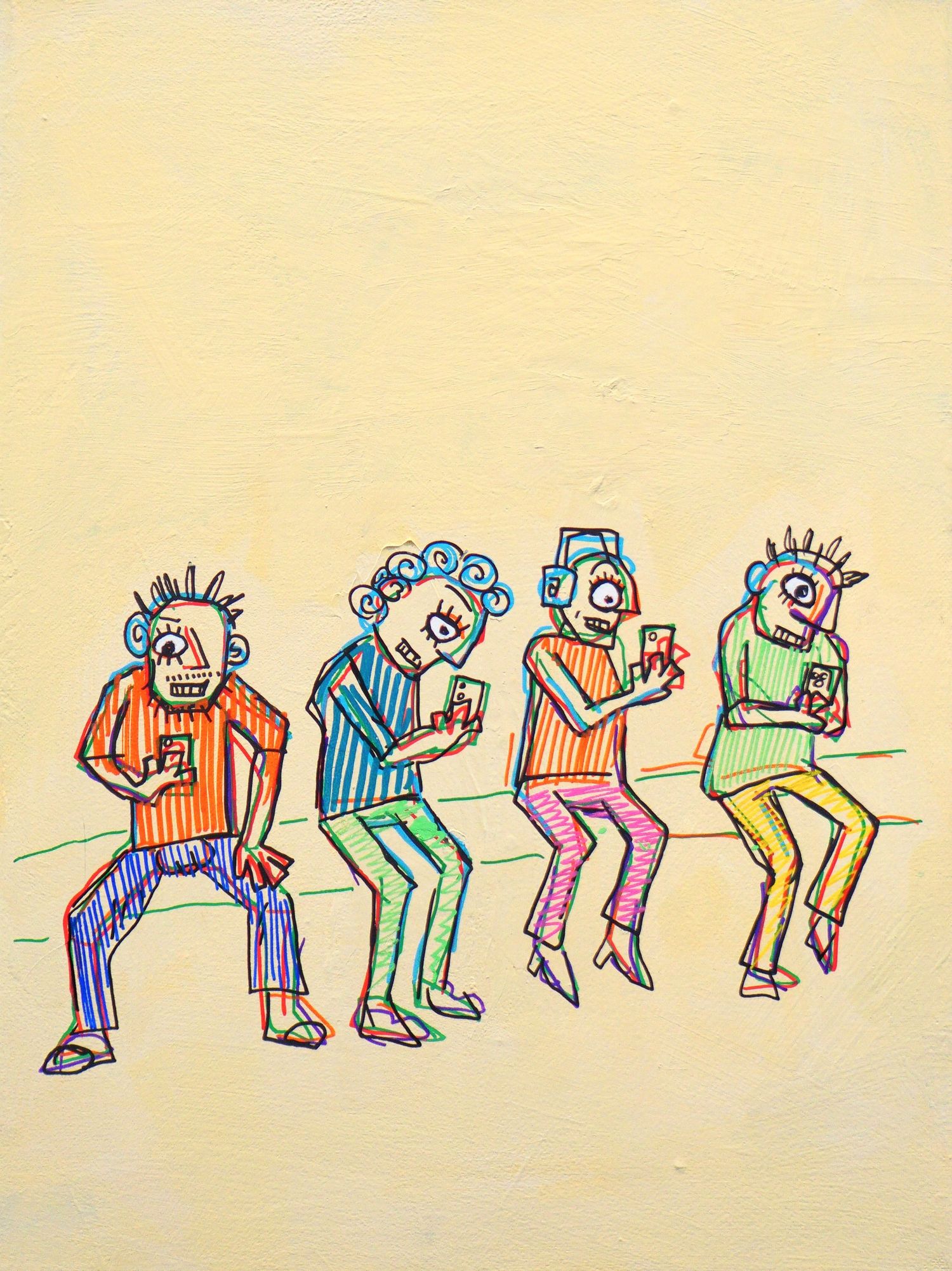 Colorful Figurative painting of four quirky figures sitting in a row, each absorbed in their mobile phones on a yellow background.