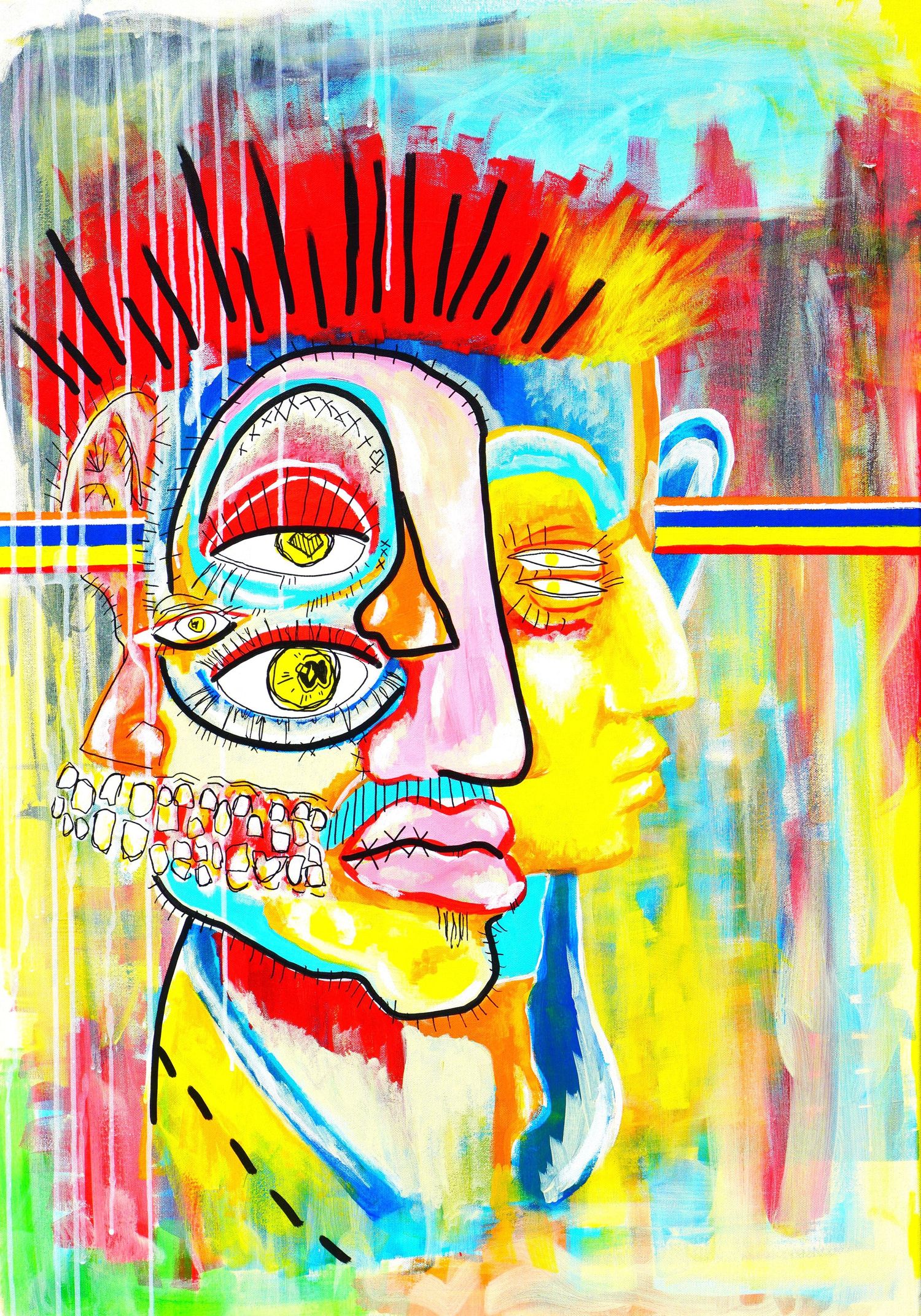 Vibrant neo-expressionist portrait of a dual-faced figure with red spikes, exposed teeth, and colorful abstract background.